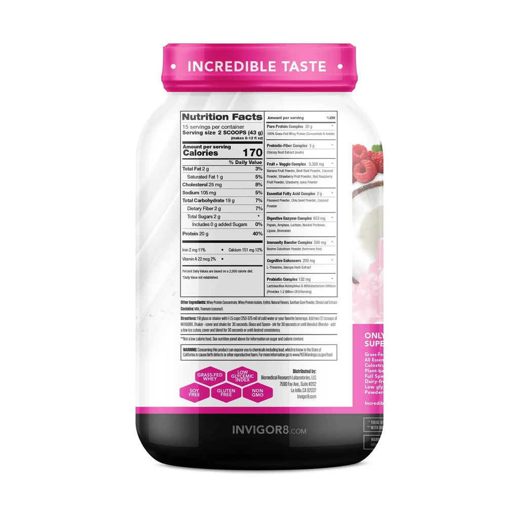 INVIGOR8 Superfood Grass Fed Whey Protein Isolate Shake Natural Strawberry Gluten-Free - TrustMedUSA