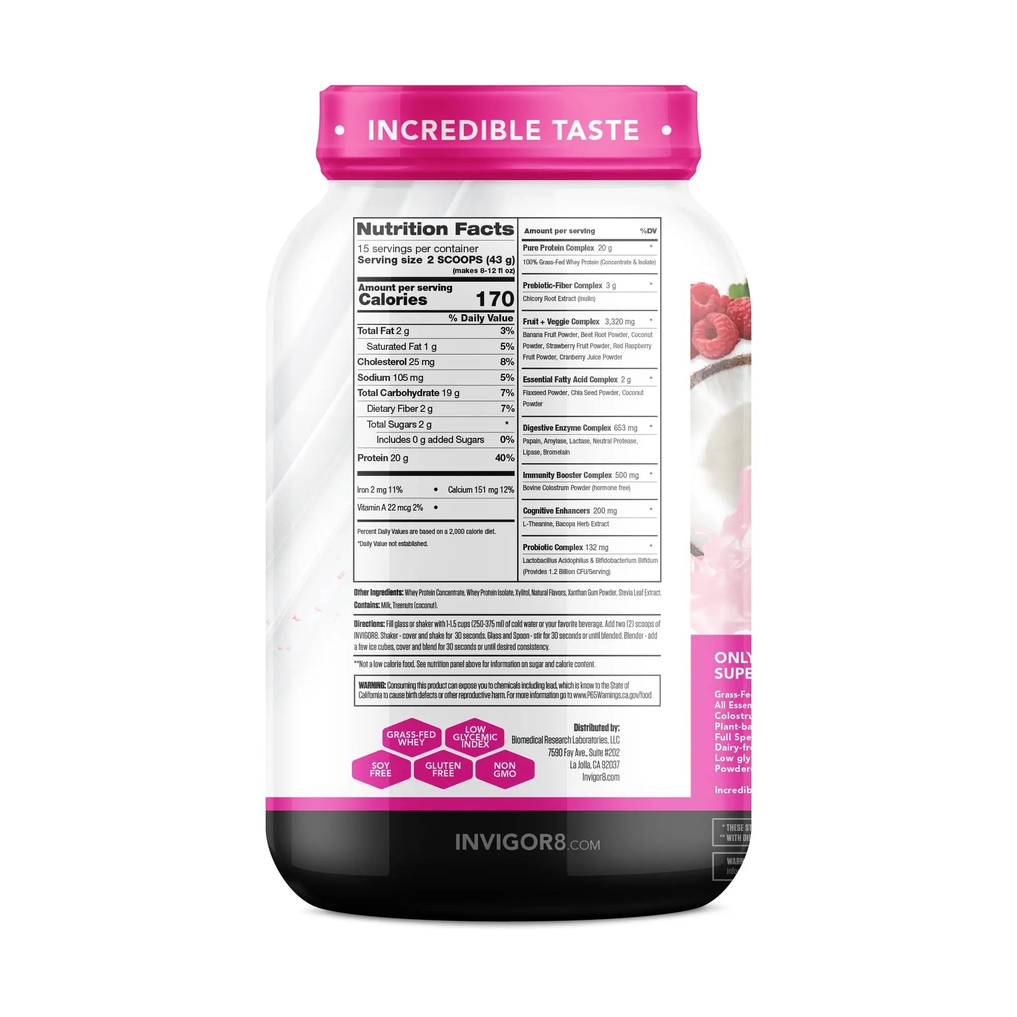 INVIGOR8 Superfood Grass Fed Whey Protein Isolate Shake Natural Strawberry Gluten-Free - TrustMedUSA