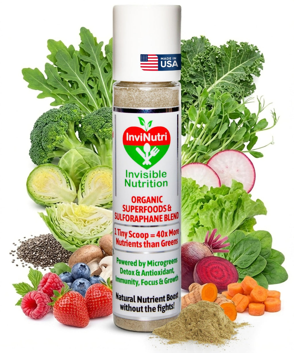 InviNutri Superfood Powder for Sensory & Picky Eaters. A TINY scoop- 40x Nutrient-Rich, 30mg Sulforaphane for Detox. Organic Microgreens, Fruits & Veggies - Blends Invisibly into Most Meals - 24 serv. - TrustMedUSA