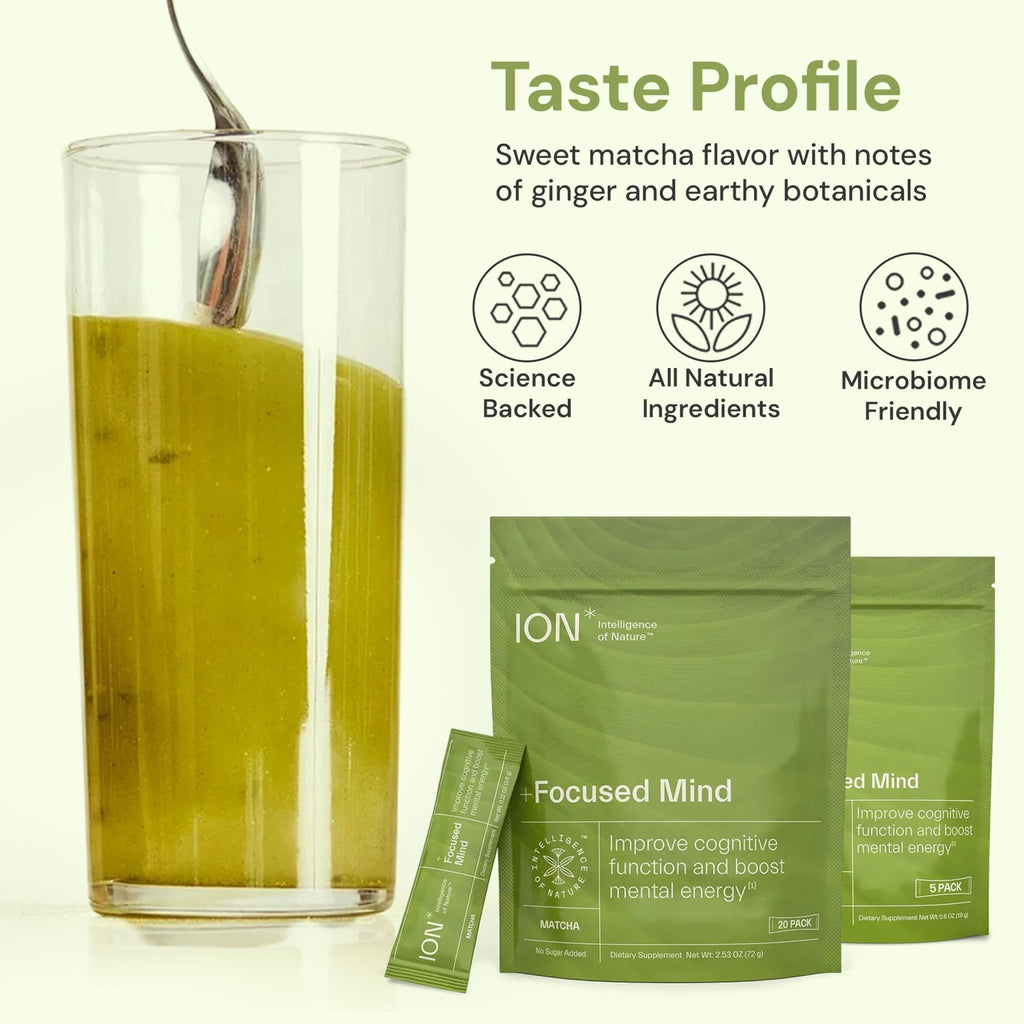 ION* Intelligence of Nature Focused Mind Nootropic Powder Drink Mix - Brain Boost Nootropic Drink with Matcha for Memory, Focus & Relaxation, Brain Supplement for Men & Women, Adults - 20 Packets - TrustMedUSA