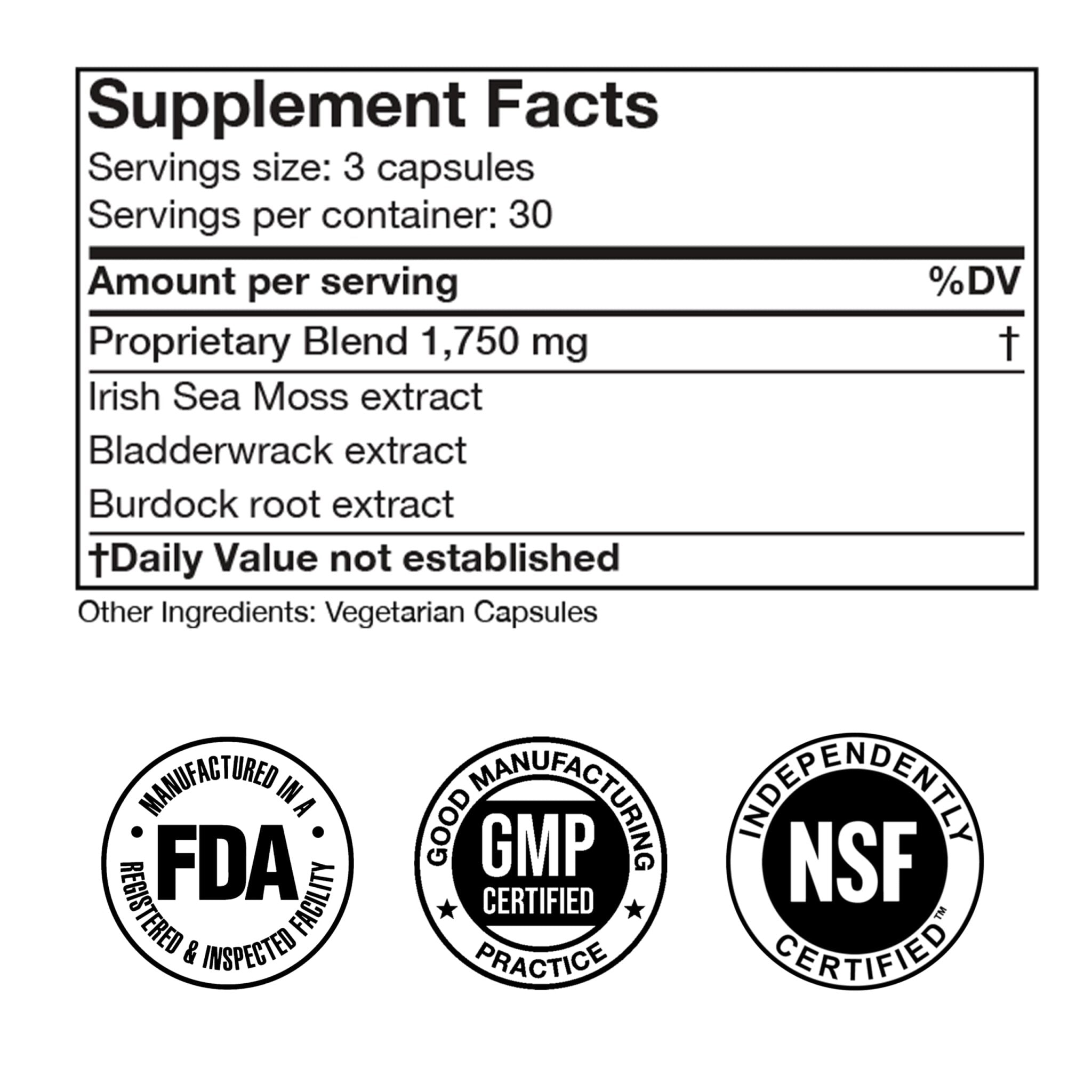 Irish Sea Moss Advanced Supplement Capsules 1500mg, Ultra Potent Seamoss Advanced with Bladderwrack & Burdock Root, Made in FDA-Registered, NSF-Certified Facility, Overall Health Support, 90 Capsules - TrustMedUSA