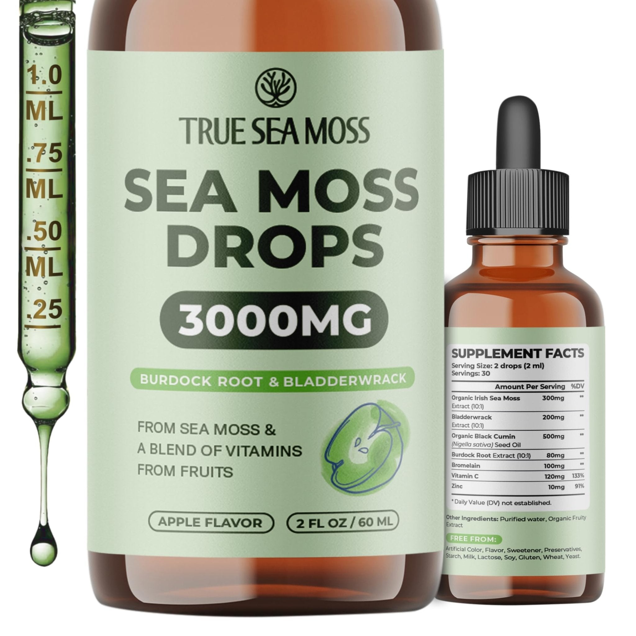 Irish Sea Moss Liquid Drops - 3000mg Formula - with Bladderwrack, Burdock Root & Black Cumin Seed - Liquid Supplement - Apple Flavor - 2 Fl Oz (60ml) - TrustMedUSA