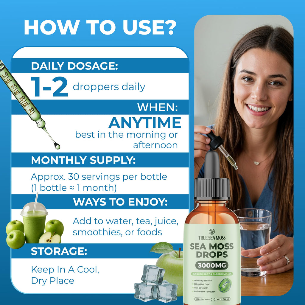Irish Sea Moss Liquid Drops - 3000mg Formula - with Bladderwrack, Burdock Root & Black Cumin Seed - Liquid Supplement - Apple Flavor - 2 Fl Oz (60ml) - TrustMedUSA
