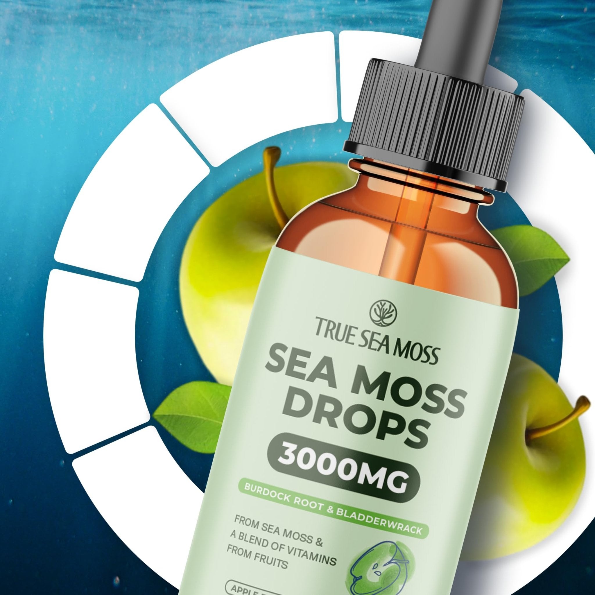 Irish Sea Moss Liquid Drops - 3000mg Formula - with Bladderwrack, Burdock Root & Black Cumin Seed - Liquid Supplement - Apple Flavor - 2 Fl Oz (60ml) - TrustMedUSA