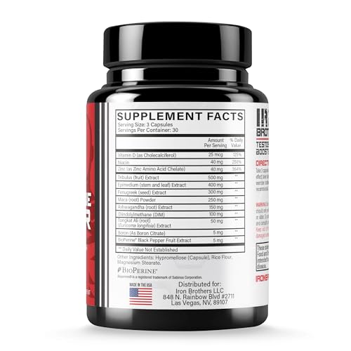 Iron Brothers Men’s Testosterone Support Supplement – Tribulus, Tongkat Ali, Ashwagandha & DIM – Daily Performance & Vitality Formula – with Fenugreek & Zinc – 30 Day Cycle – 90 Capsules - TrustMedUSA