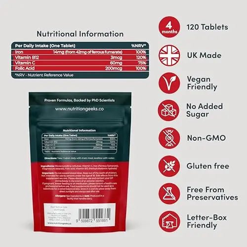 Iron Tablets High Strength Tablets with Vitamin C, B12 & Folic Acid - 120 Vegan Supplement - TrustMedUSA
