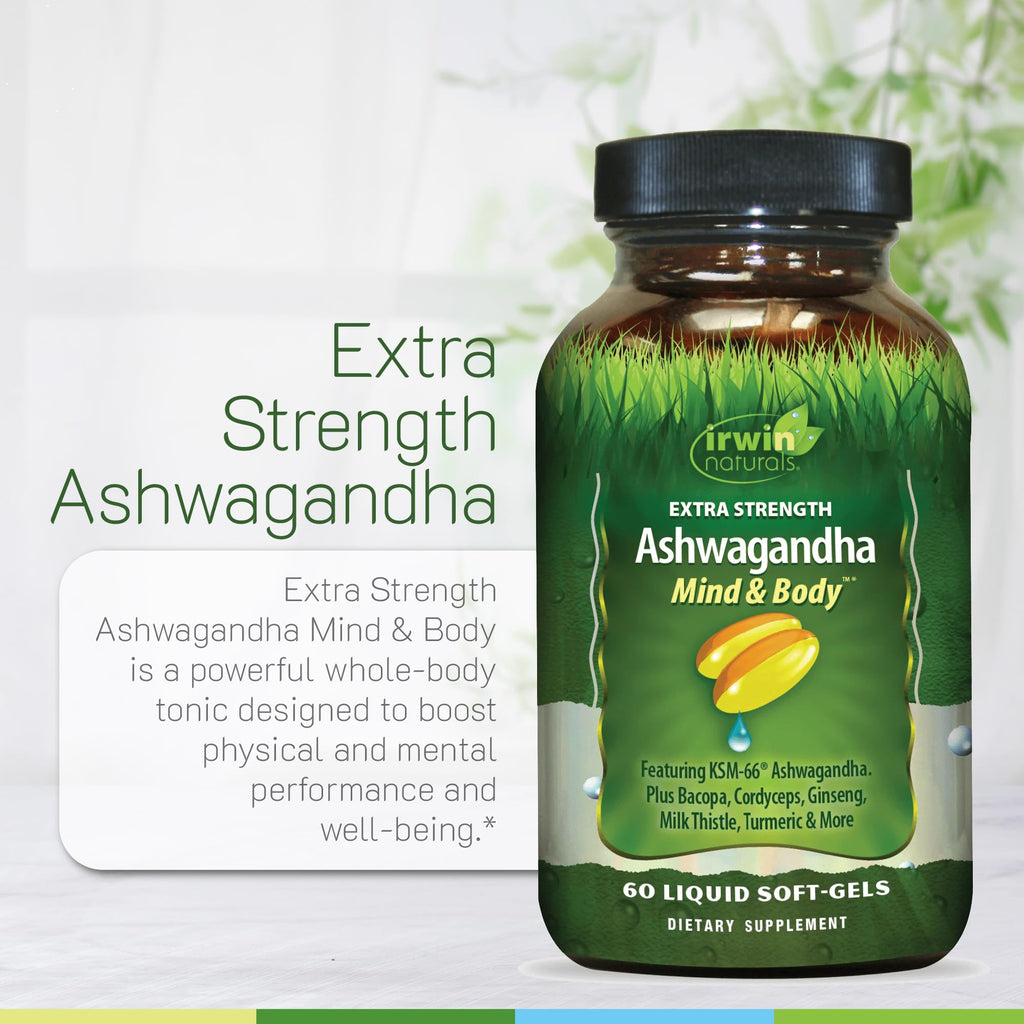 Irwin Naturals Extra Strength Ashwagandha - 60 Liquid Softgels - Helps Boost Physical & Mental Performance - with Turmeric & Milk Thistle - TrustMedUSA