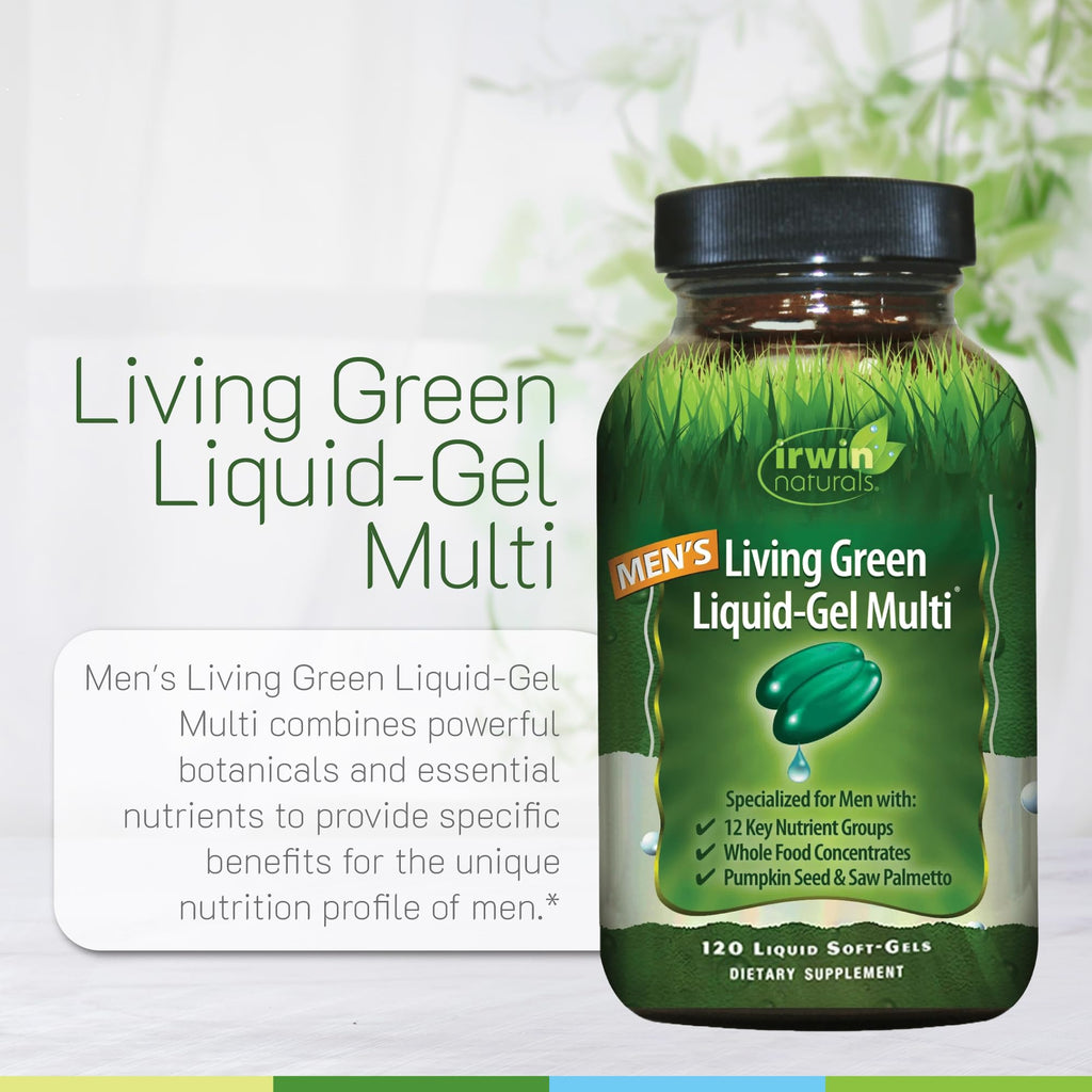 Irwin Naturals Men's Living Green Liquid-Gel Multi - 70 Essential Nutrients, Full-Spectrum Vitamin Supplements for Men, Wholefood Blend - Promotes Brain & Adrenal Support - 120 Liquid Soft-Gels - TrustMedUSA