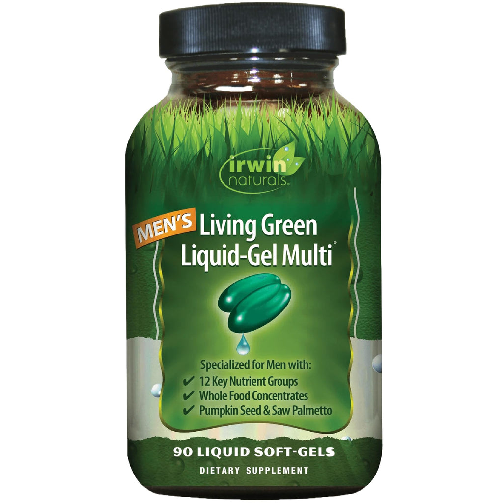 Irwin Naturals Men's Living Green Liquid-Gel Multi - 70 Essential Nutrients, Full-Spectrum Vitamin Supplements for Men, Wholefood Blend - Promotes Brain & Adrenal Support - 90 Liquid Soft-Gels - TrustMedUSA