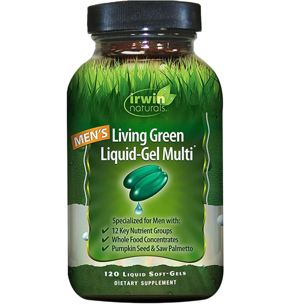 Irwin Naturals Men's Living Green Liquid-Gel Multi - 70 Essential Nutrients, Full-Spectrum Vitamin Supplements for Men, Wholefood Blend - Promotes Brain & Adrenal Support - 120 Liquid Soft-Gels - TrustMedUSA