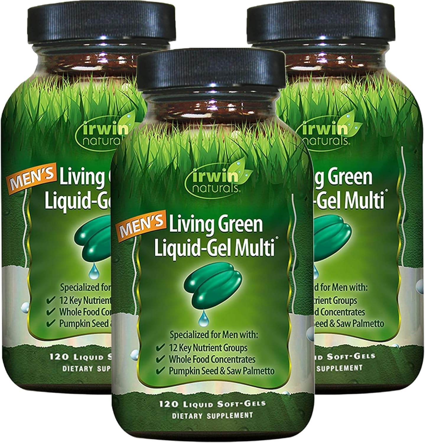 Irwin Naturals Men's Living Green Liquid-Gel Multi - 70 Essential Nutrients, Full-Spectrum Vitamin Supplements for Men, Wholefood Blend - Promotes Brain & Adrenal Support - 120 Soft-Gels (3 Pack) - TrustMedUSA