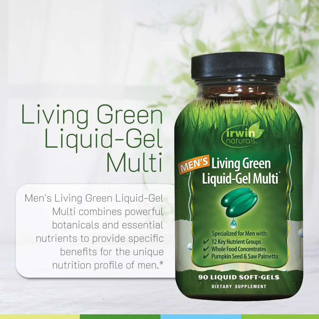Irwin Naturals Men's Living Green Liquid-Gel Multi - 70 Essential Nutrients, Full-Spectrum Vitamin Supplements for Men, Wholefood Blend - Promotes Brain & Adrenal Support - 90 Liquid Soft-Gels - TrustMedUSA