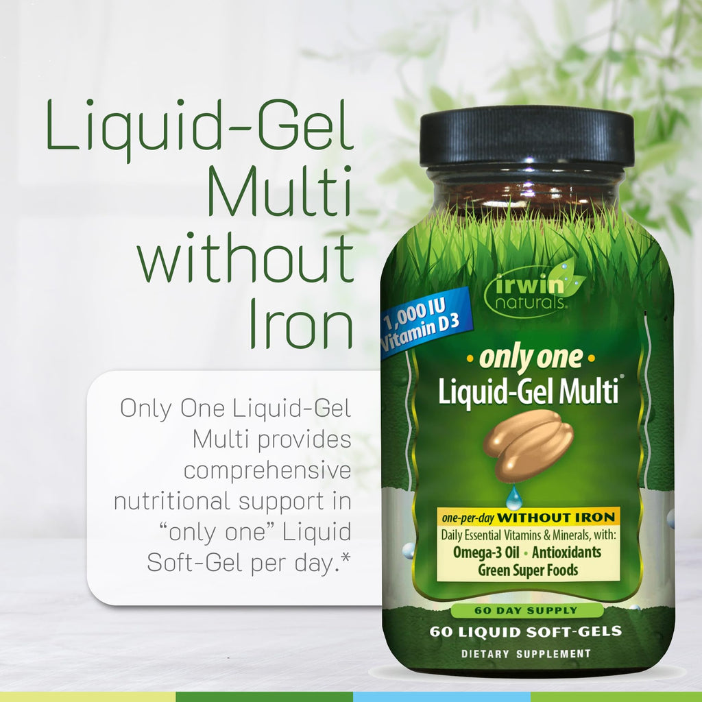 Irwin Naturals Only One Liquid-Gel Multi - 60 Liquid Softgels - No Iron Daily Essential Vitamins, Minerals, Antioxidants, Omega-3 & Green Super Foods - TrustMedUSA