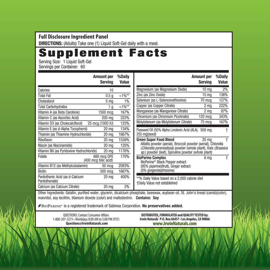 Irwin Naturals Only One Liquid-Gel Multi - 60 Liquid Softgels - No Iron Daily Essential Vitamins, Minerals, Antioxidants, Omega-3 & Green Super Foods - TrustMedUSA