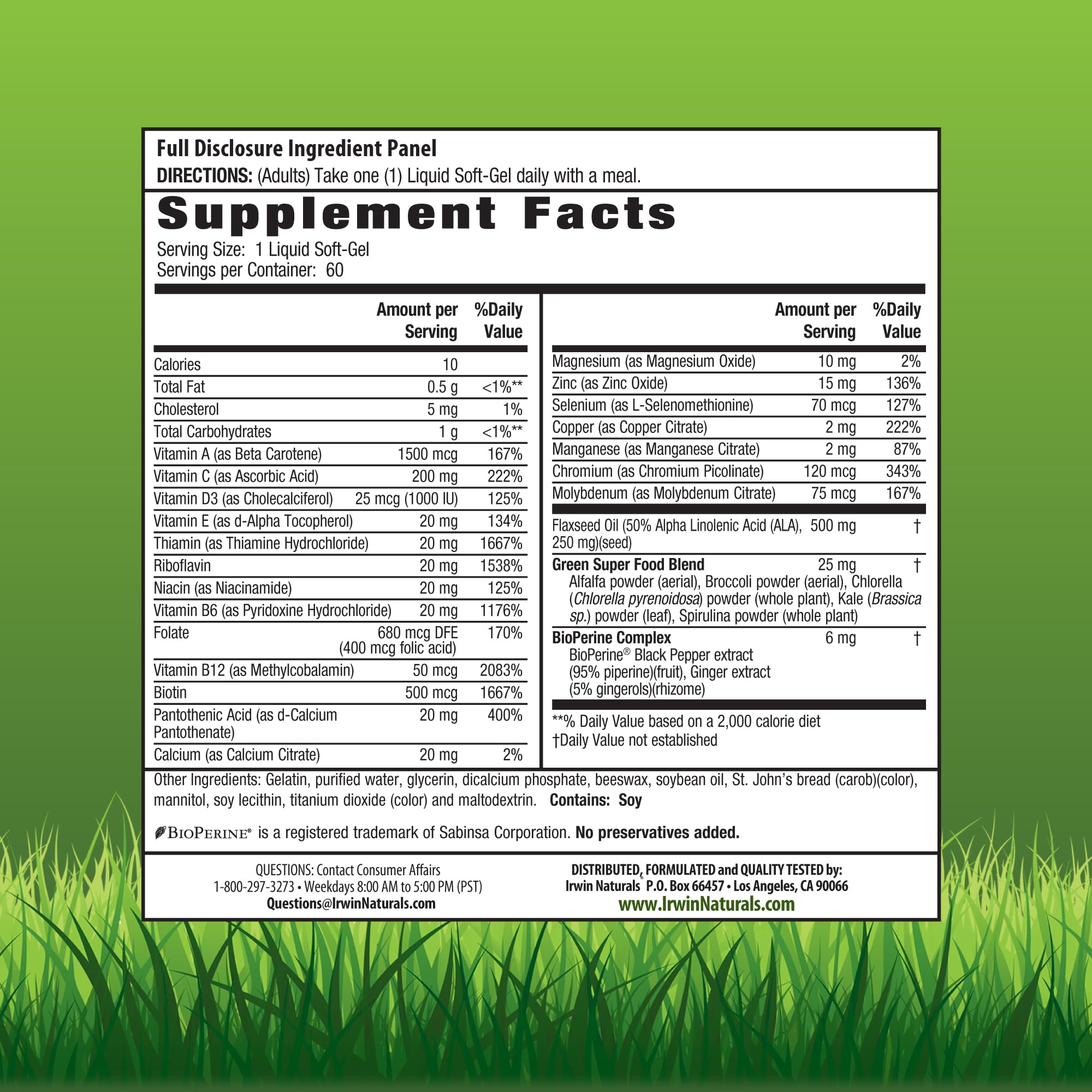 Irwin Naturals Only One Liquid-Gel Multi - 60 Liquid Softgels - No Iron Daily Essential Vitamins, Minerals, Antioxidants, Omega-3 & Green Super Foods - TrustMedUSA