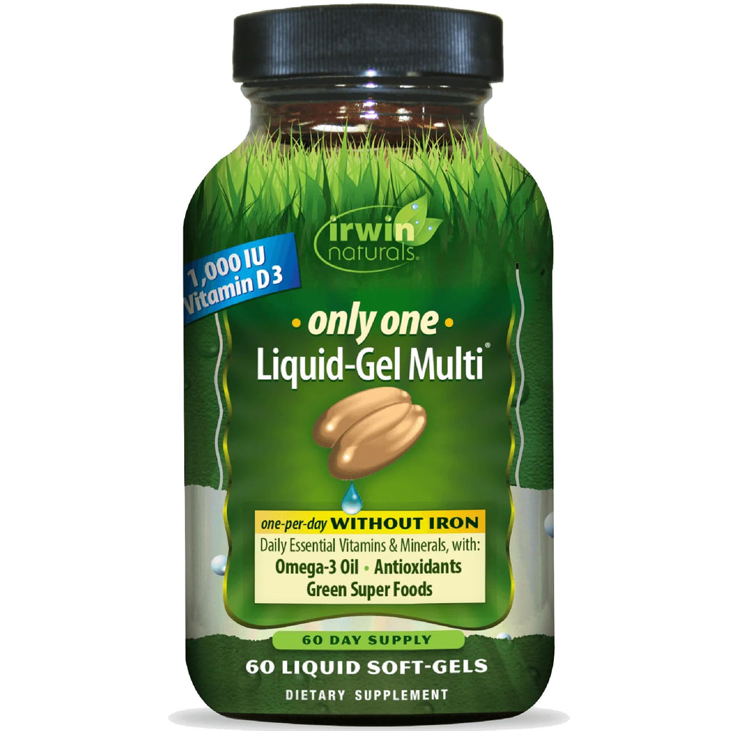 Irwin Naturals Only One Liquid-Gel Multi - 60 Liquid Softgels - No Iron Daily Essential Vitamins, Minerals, Antioxidants, Omega-3 & Green Super Foods - TrustMedUSA