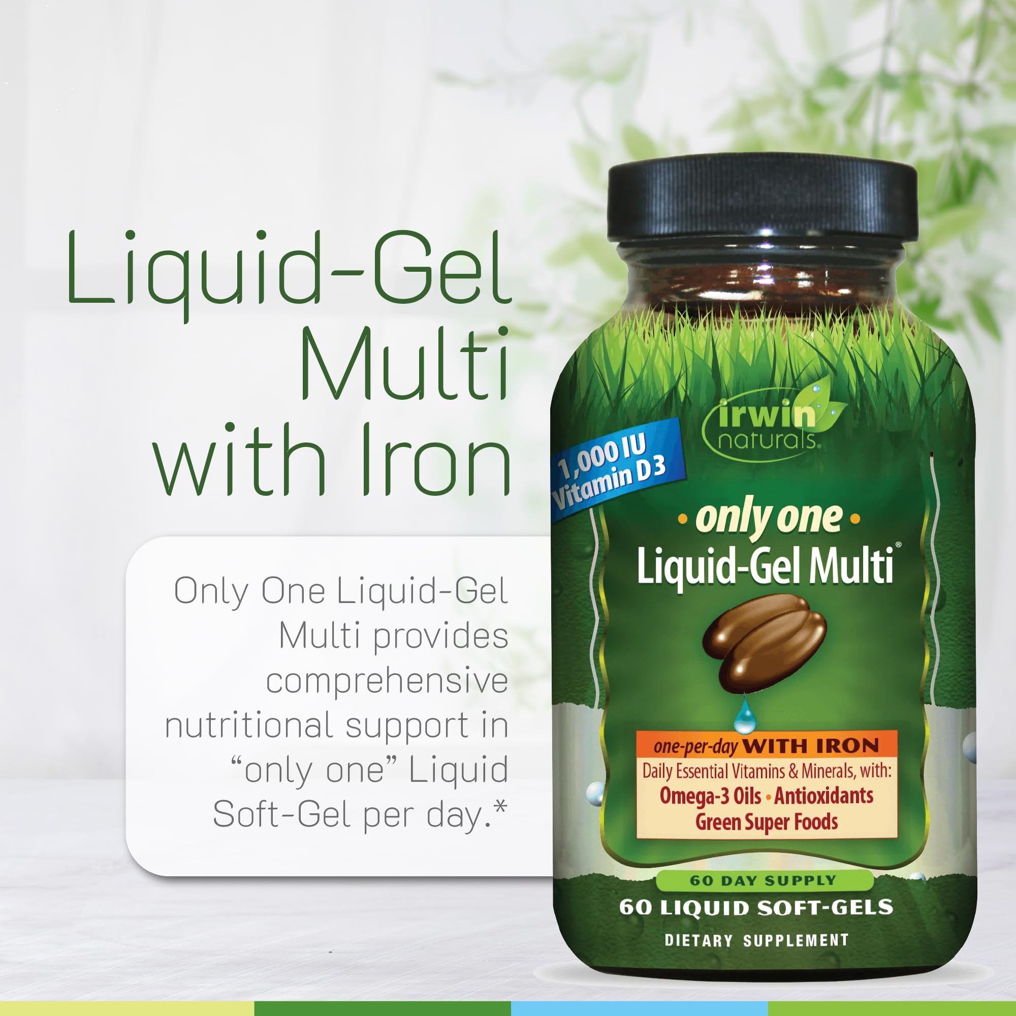 Irwin Naturals Only One Liquid-Gel Multi with Iron - 60 Liquid Softgels - Daily Essential Vitamins, Minerals, Antioxidants, Omega-3s & Green Super Foods - TrustMedUSA