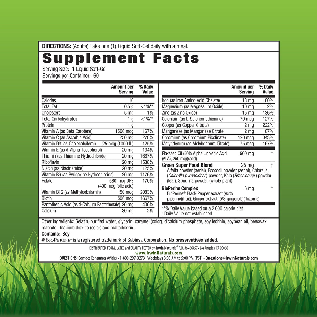 Irwin Naturals Only One Liquid-Gel Multi with Iron - 60 Liquid Softgels - Daily Essential Vitamins, Minerals, Antioxidants, Omega-3s & Green Super Foods - TrustMedUSA