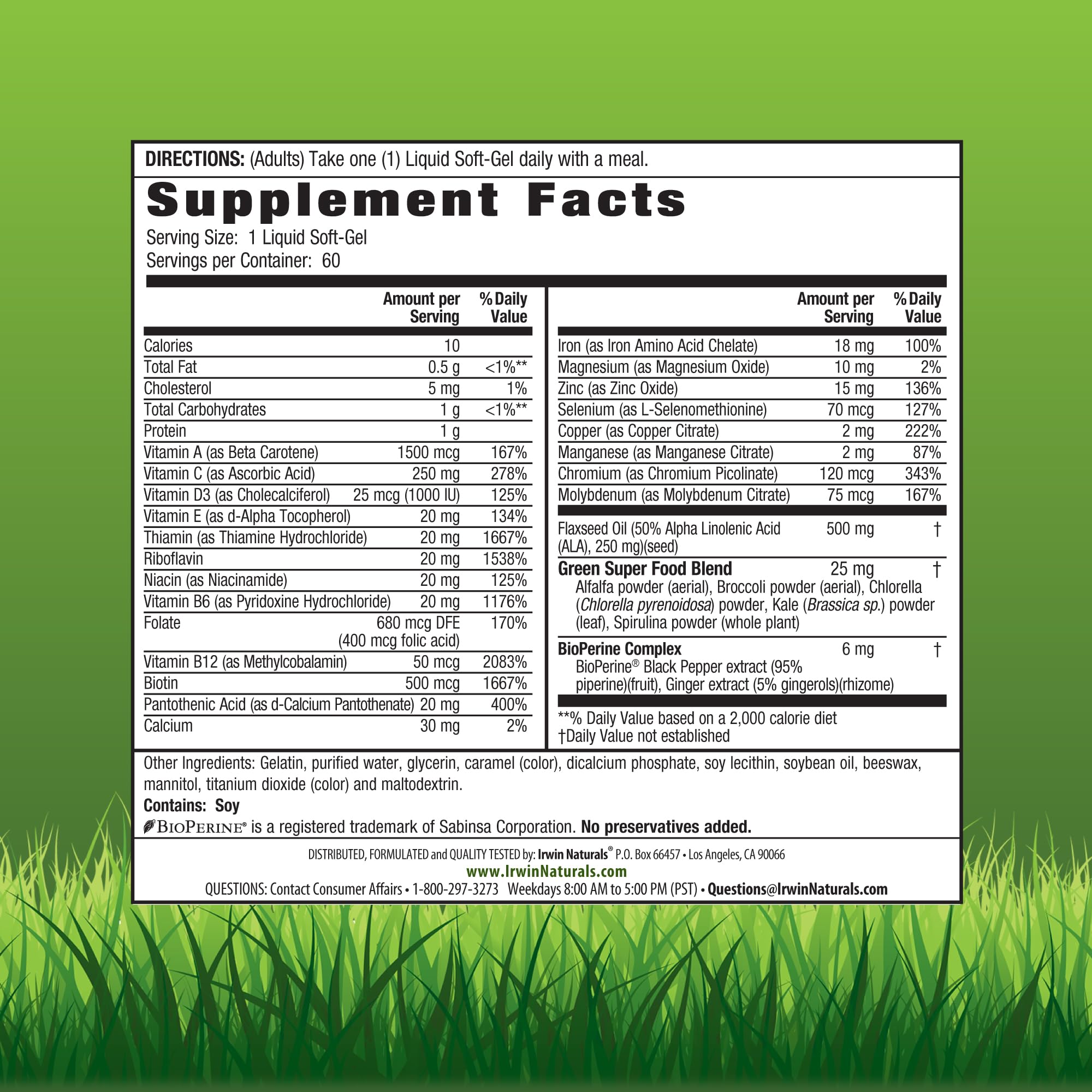 Irwin Naturals Only One Liquid-Gel Multi with Iron - 60 Liquid Softgels - Daily Essential Vitamins, Minerals, Antioxidants, Omega-3s & Green Super Foods - TrustMedUSA
