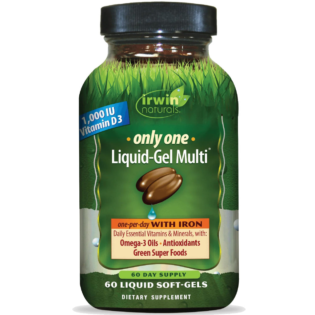 Irwin Naturals Only One Liquid-Gel Multi with Iron - 60 Liquid Softgels - Daily Essential Vitamins, Minerals, Antioxidants, Omega-3s & Green Super Foods - TrustMedUSA