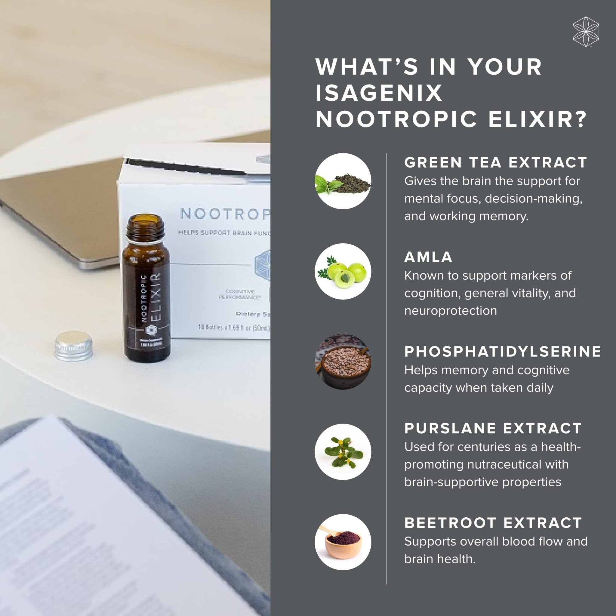 Isagenix Nootropic Elixir- Brain Health & Focus Supplement - Liquid Supplement with Green Tea Extract to Support a Healthy Mindset - 1.69 Oz Bottles (10 Count) - TrustMedUSA