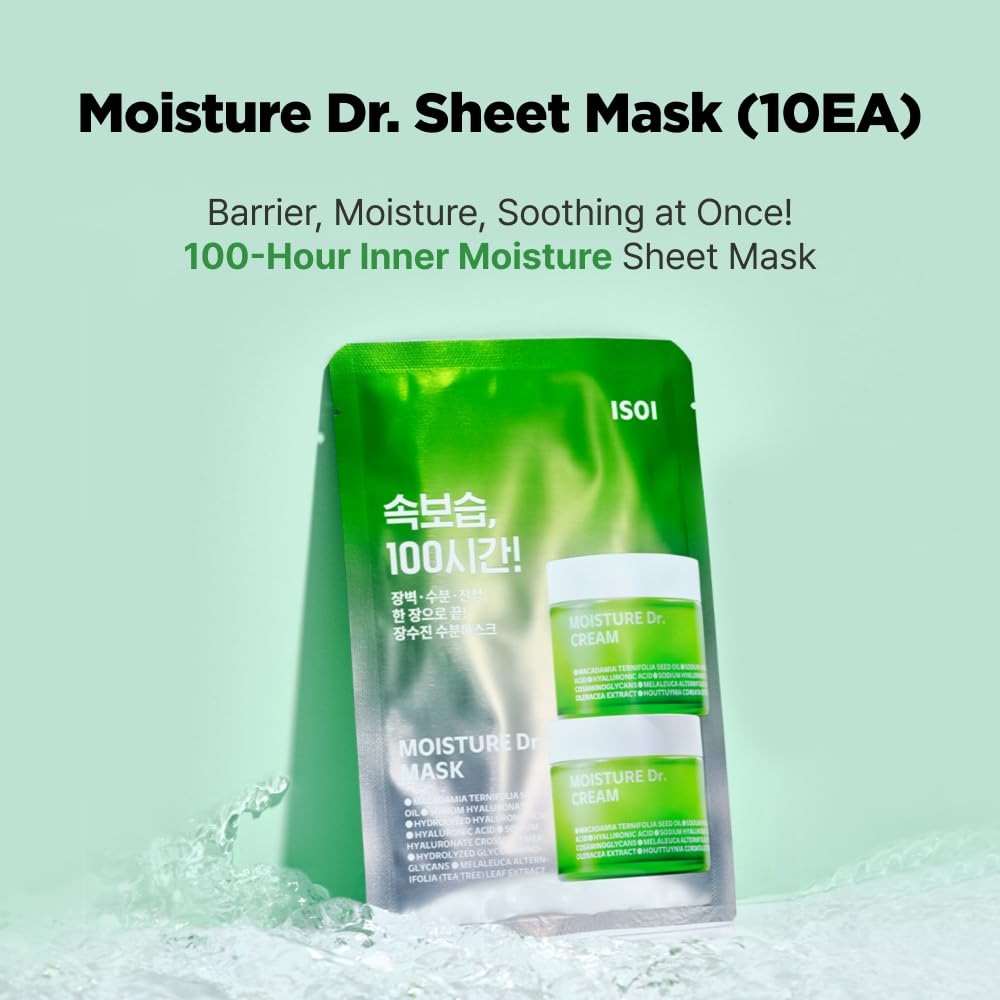 ISOI Moisture Dr. Mask Pack, Hydrating & Soothing Korean Sheet Mask for Face with Tea Tree, Ceramide & Hyaluronic Acid, Nourishing Skin Barrier Care, Korean Skin Care (10EA) - Maple Wellness Supplements