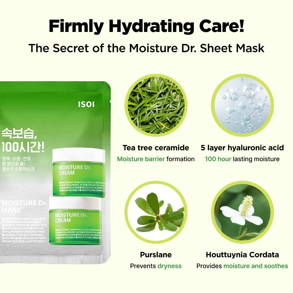 ISOI Moisture Dr. Mask Pack, Hydrating & Soothing Korean Sheet Mask for Face with Tea Tree, Ceramide & Hyaluronic Acid, Nourishing Skin Barrier Care, Korean Skin Care (10EA) - Maple Wellness Supplements