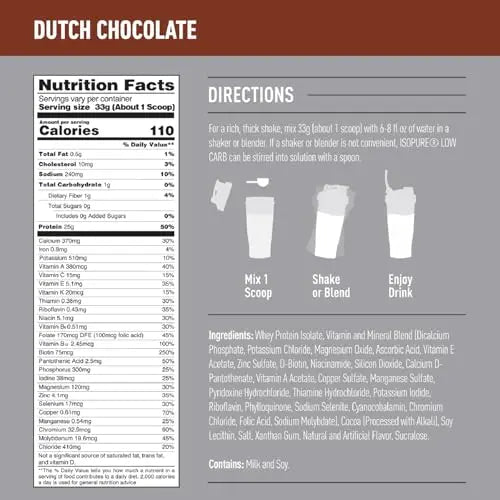 Isopure Dutch Chocolate Whey Isolate Protein Powder with Vitamin C & Zinc for Immune - TrustMedUSA
