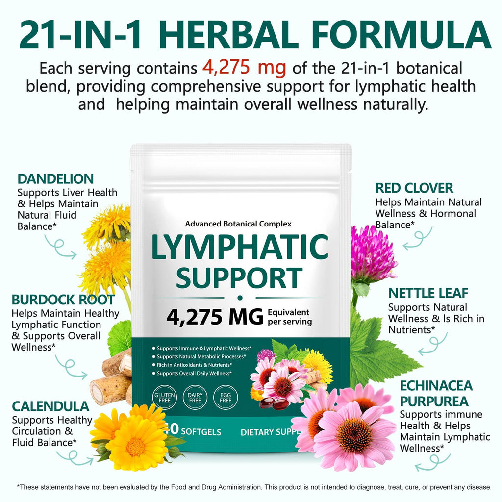 ISUNRISE Lymphatic Drainage Supplements 4275mg 21-in-1 Herbal Blend with Echinacea, Dandelion & Burdock Root, Promotes Healthy Circulation & Immune System Support, 240 Softgels - Maple Wellness Supplements