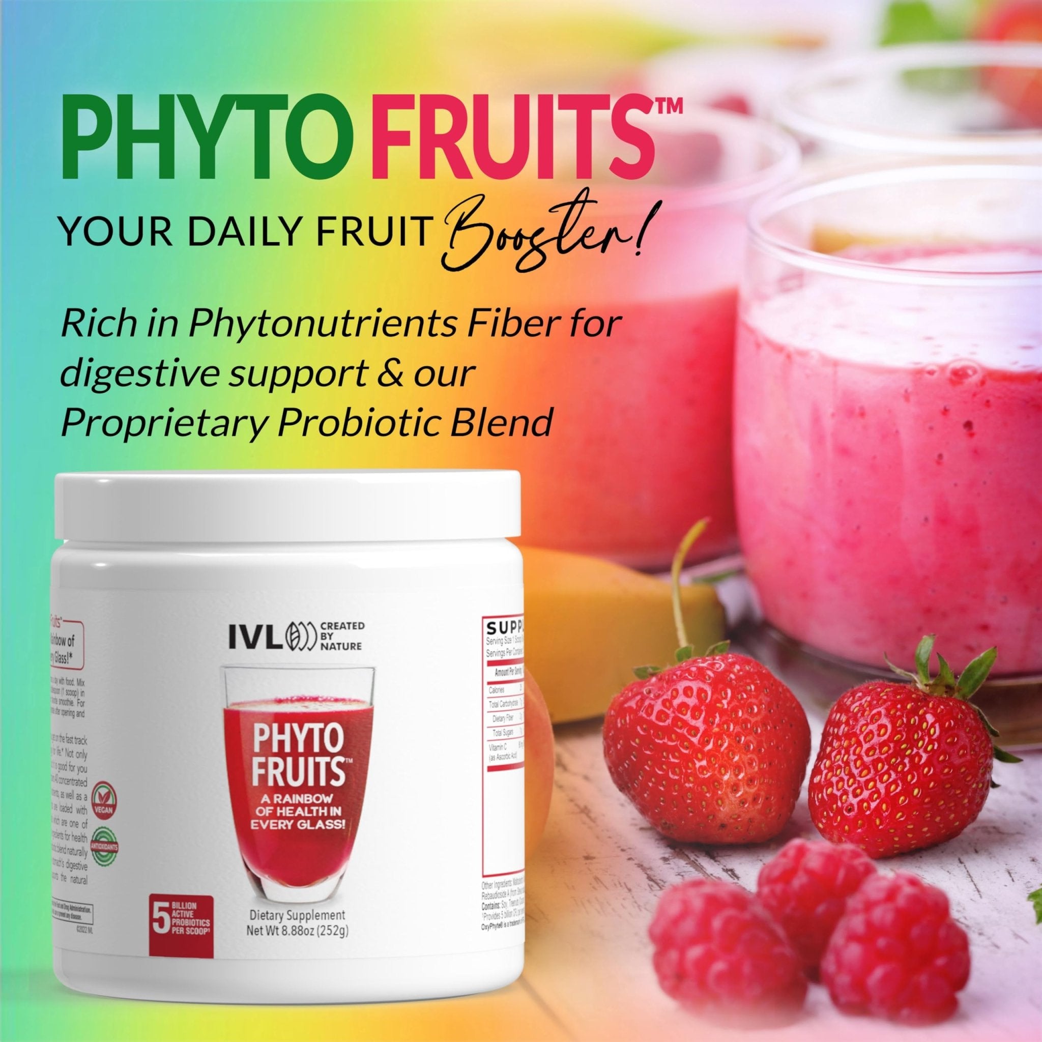 IVL - Phyto Fruits Superfood Powder - Support Energy - Digestive & Probiotic - Antioxidant - Vegan - 40 Fruits and Nutrients Plus 6 Probiotic Strains (30 Servings, 8.88 oz) - TrustMedUSA