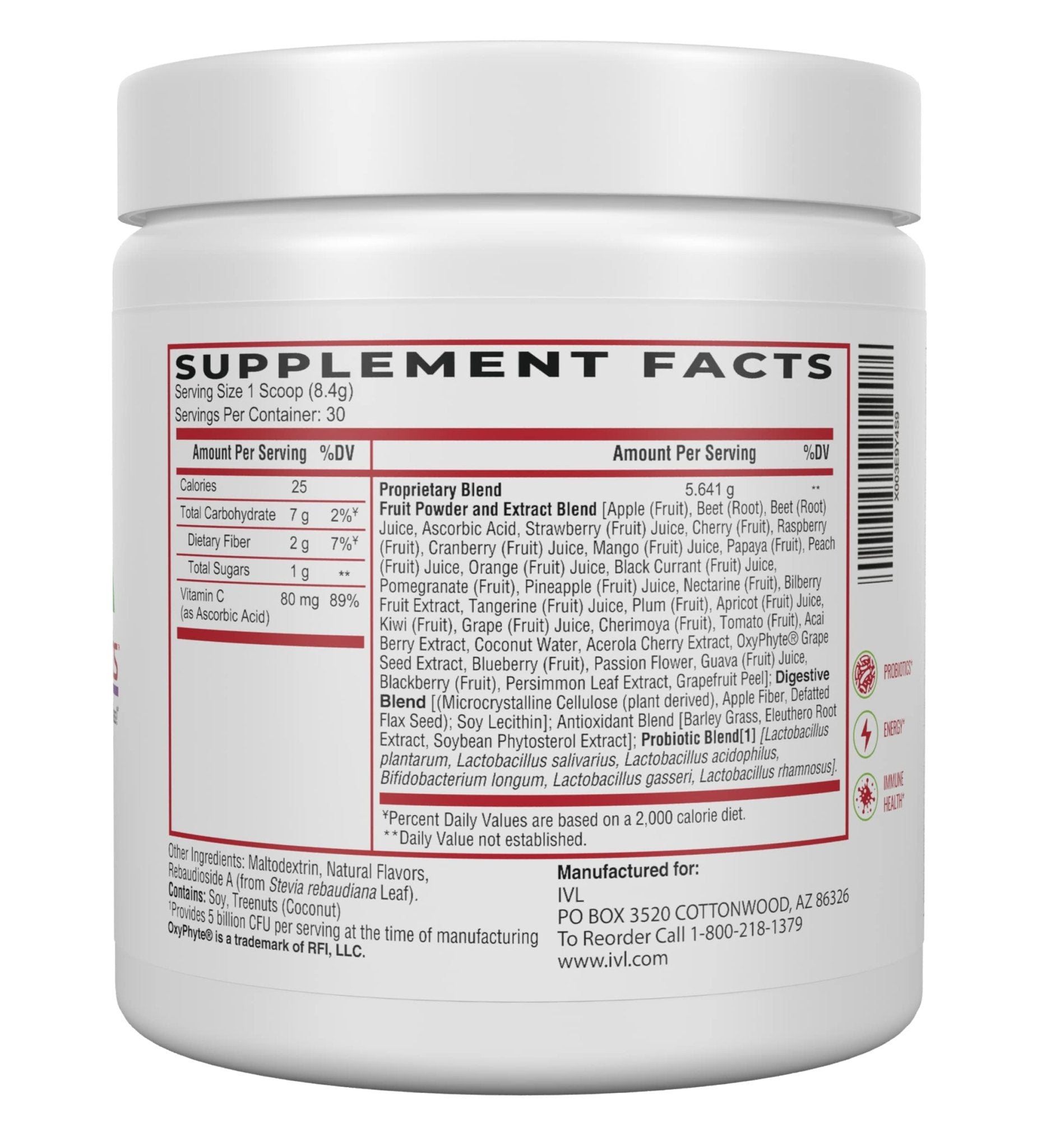 IVL - Phyto Fruits Superfood Powder - Support Energy - Digestive & Probiotic - Antioxidant - Vegan - 40 Fruits and Nutrients Plus 6 Probiotic Strains (30 Servings, 8.88 oz) - TrustMedUSA