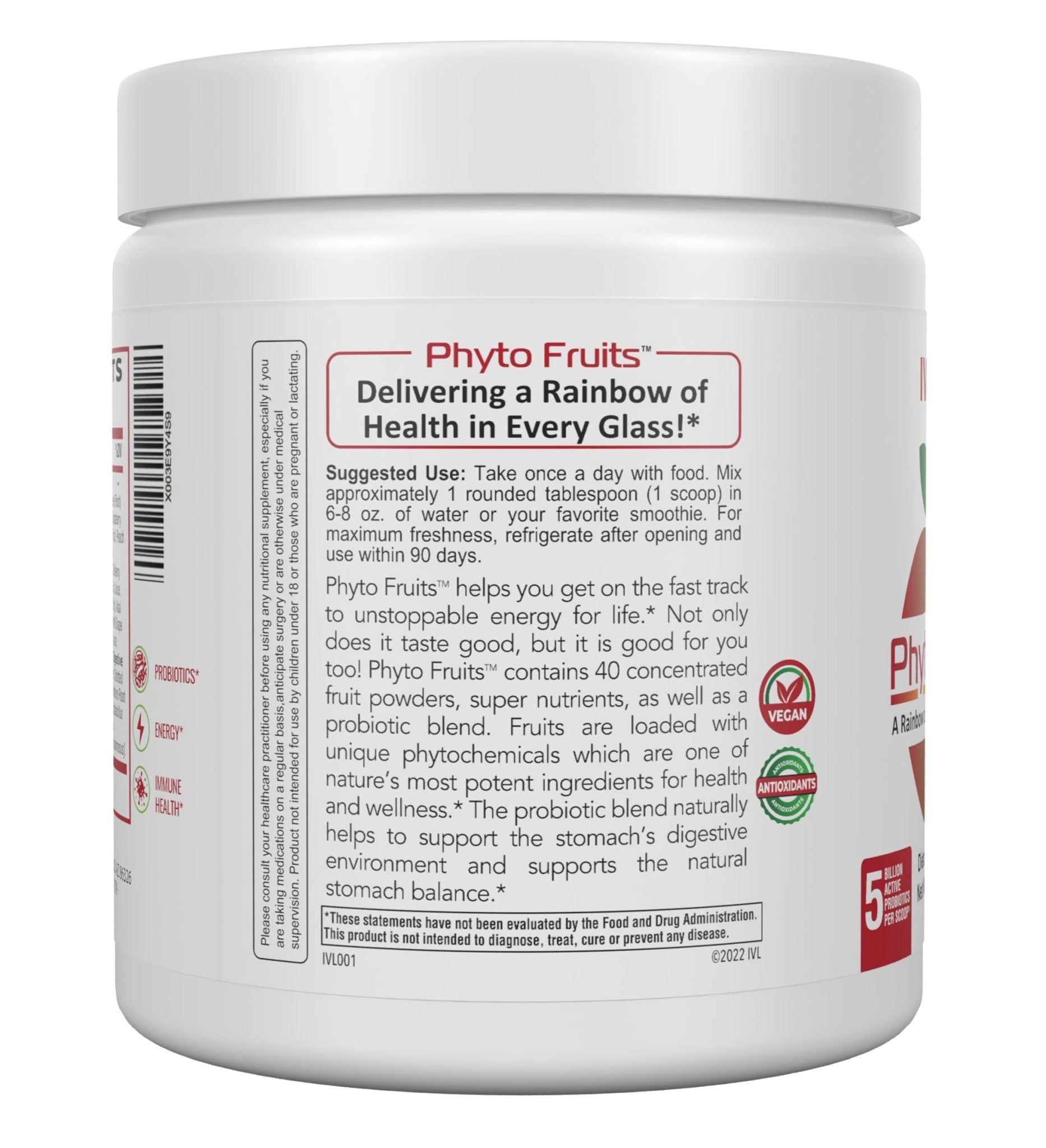 IVL - Phyto Fruits Superfood Powder - Support Energy - Digestive & Probiotic - Antioxidant - Vegan - 40 Fruits and Nutrients Plus 6 Probiotic Strains (30 Servings, 8.88 oz) - TrustMedUSA