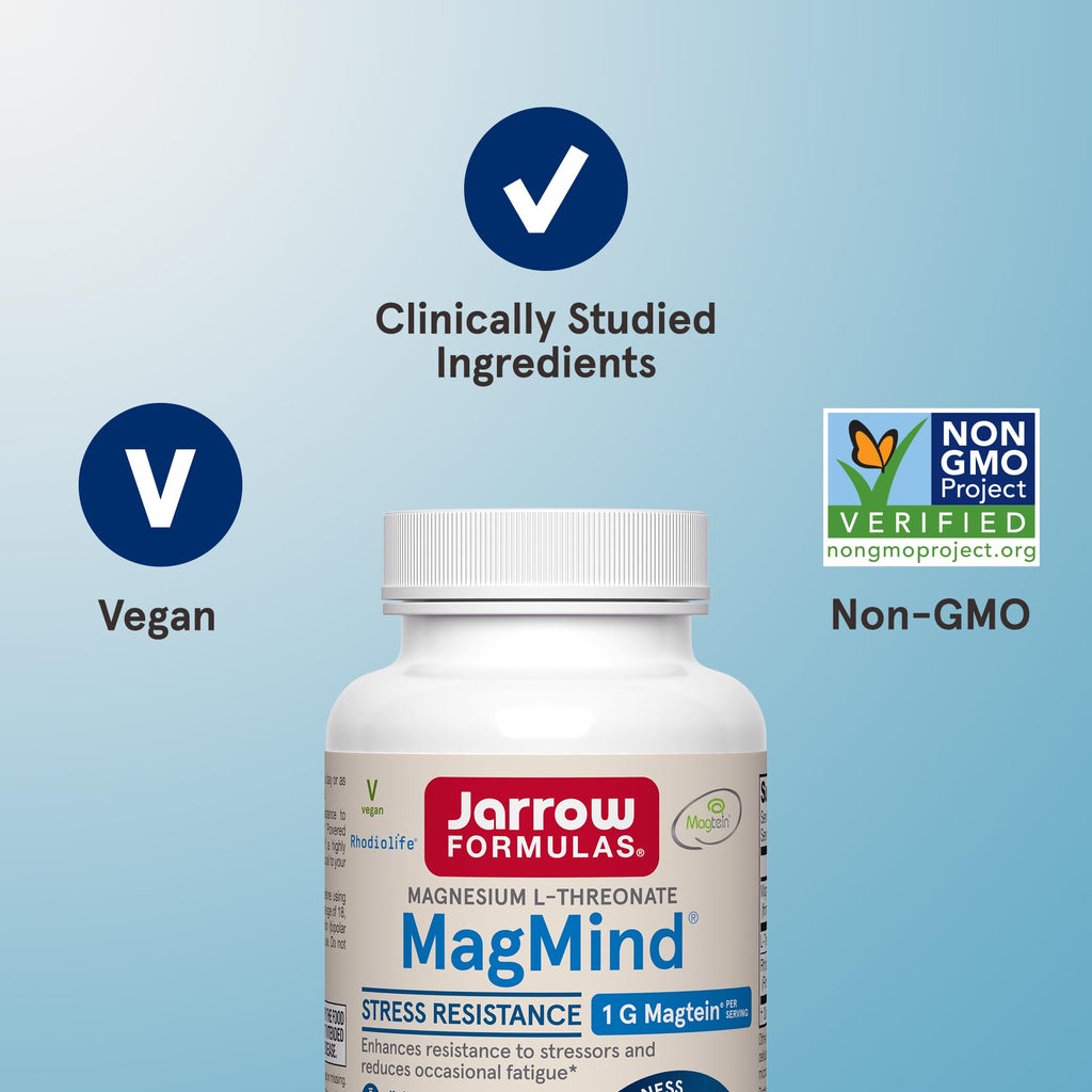 Jarrow Formulas Magnesium L-Threonate, MagMind Stress Resistance with L-Theanine and Rhodiolife, High Absorption Magnesium, Stress Relief and Mood Support, 60 Veggie Capsules, Up to a 30 Day Supply - TrustMedUSA