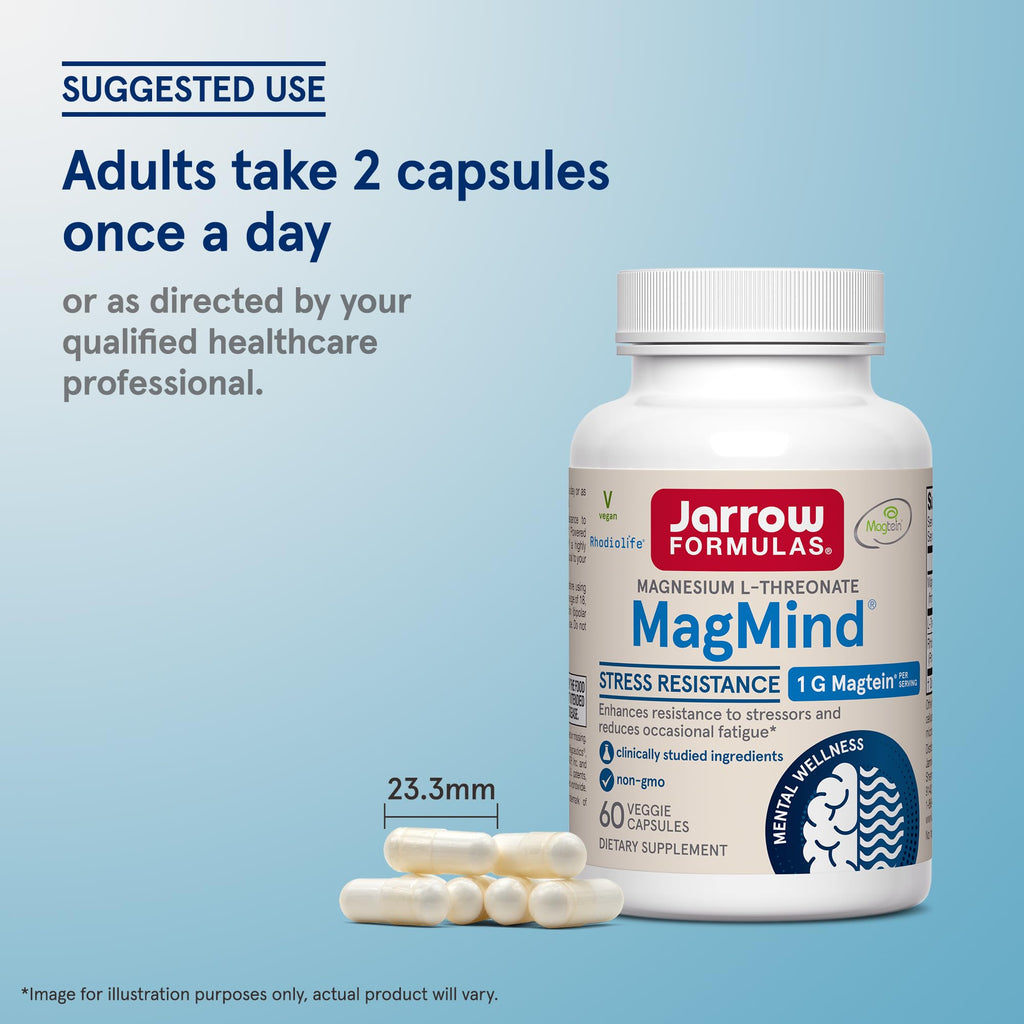 Jarrow Formulas Magnesium L-Threonate, MagMind Stress Resistance with L-Theanine and Rhodiolife, High Absorption Magnesium, Stress Relief and Mood Support, 60 Veggie Capsules, Up to a 30 Day Supply - TrustMedUSA