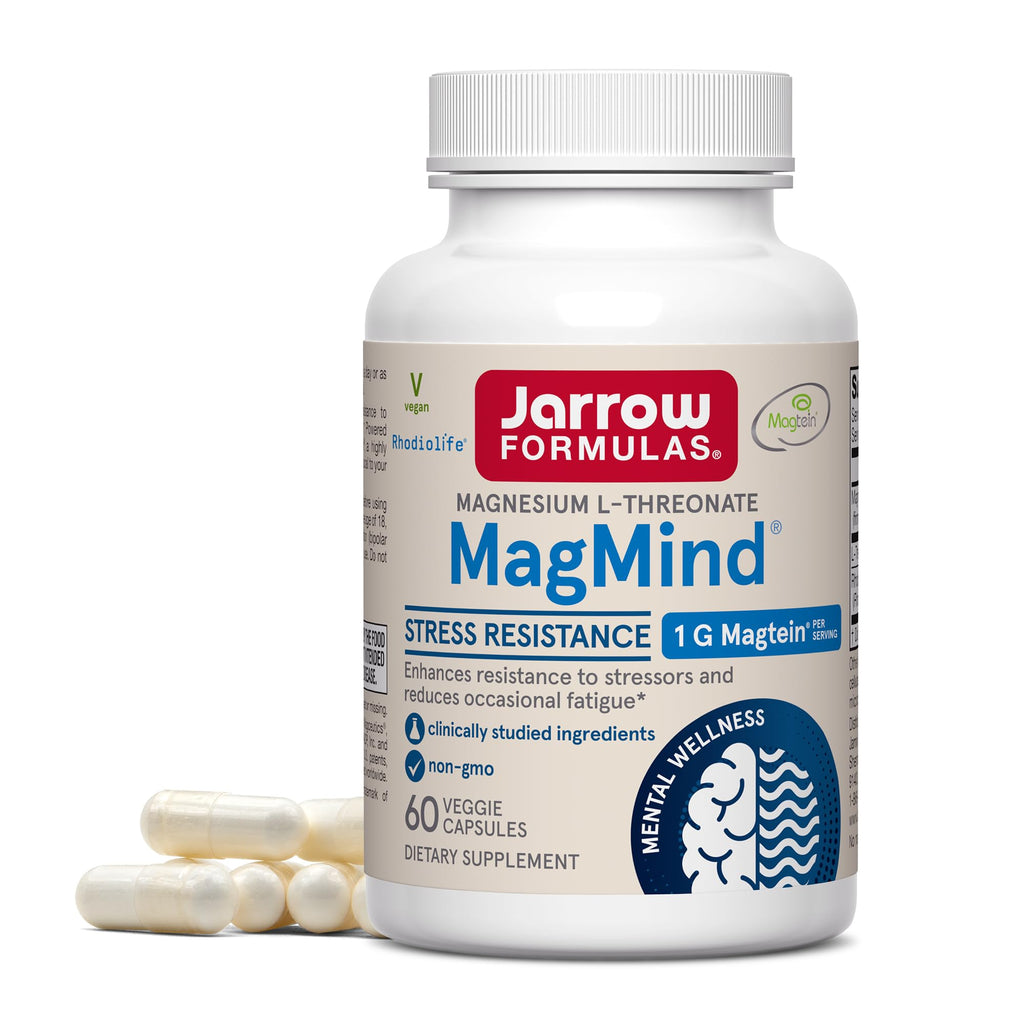Jarrow Formulas Magnesium L-Threonate, MagMind Stress Resistance with L-Theanine and Rhodiolife, High Absorption Magnesium, Stress Relief and Mood Support, 60 Veggie Capsules, Up to a 30 Day Supply - TrustMedUSA