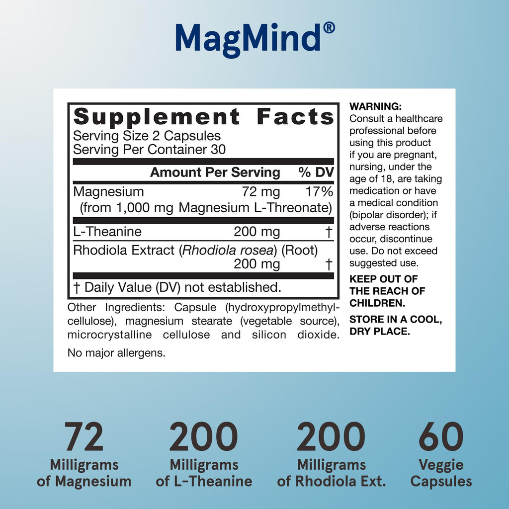 Jarrow Formulas Magnesium L-Threonate, MagMind Stress Resistance with L-Theanine and Rhodiolife, High Absorption Magnesium, Stress Relief and Mood Support, 60 Veggie Capsules, Up to a 30 Day Supply - TrustMedUSA