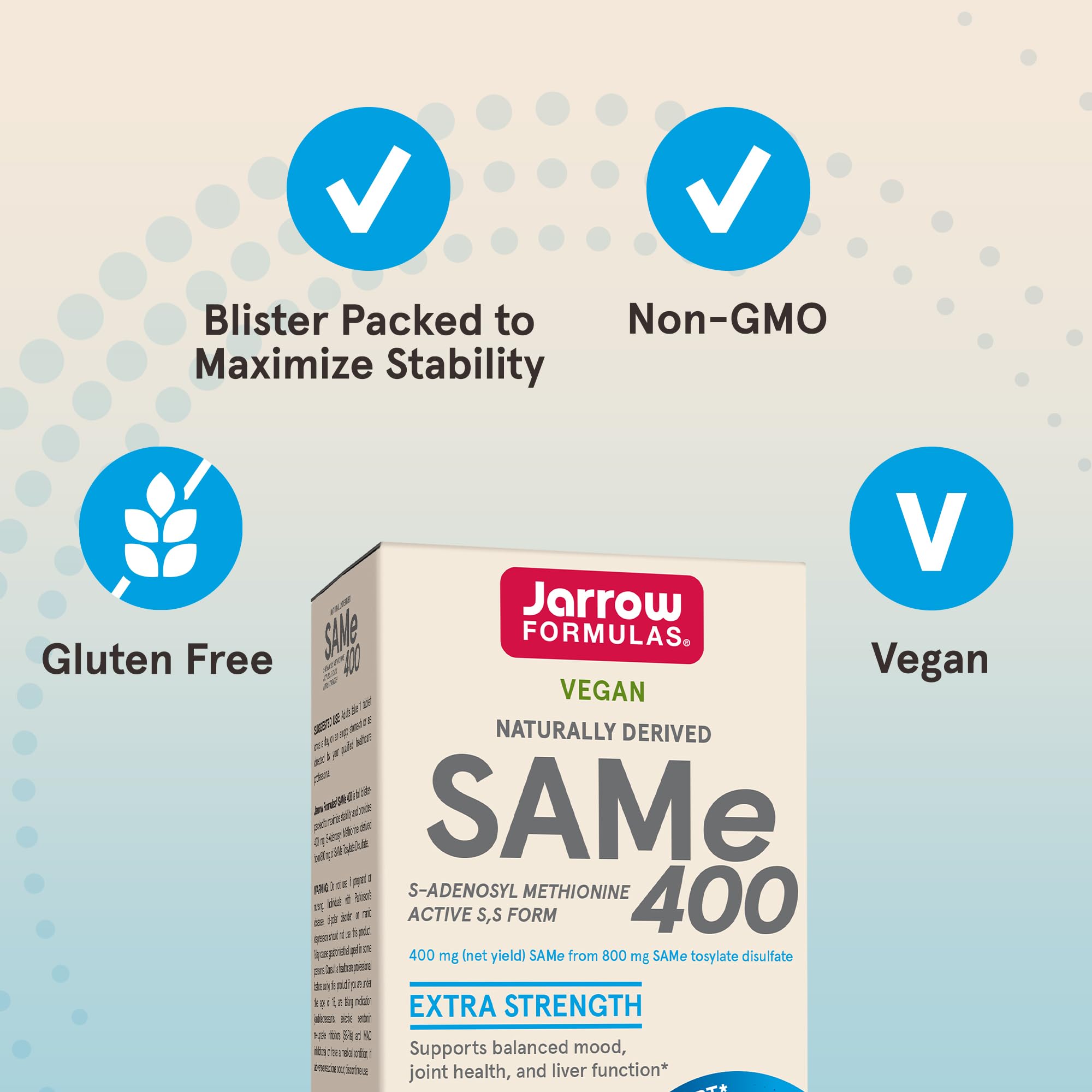 Jarrow Formulas SAMe Supplement 400 mg - 60 Tablets - High Concentration of Active S,S Form - Supports Joint Health, Liver Function, Brain Metabolism, Balanced Mood & Antioxidant Defense - 60 Servings - TrustMedUSA