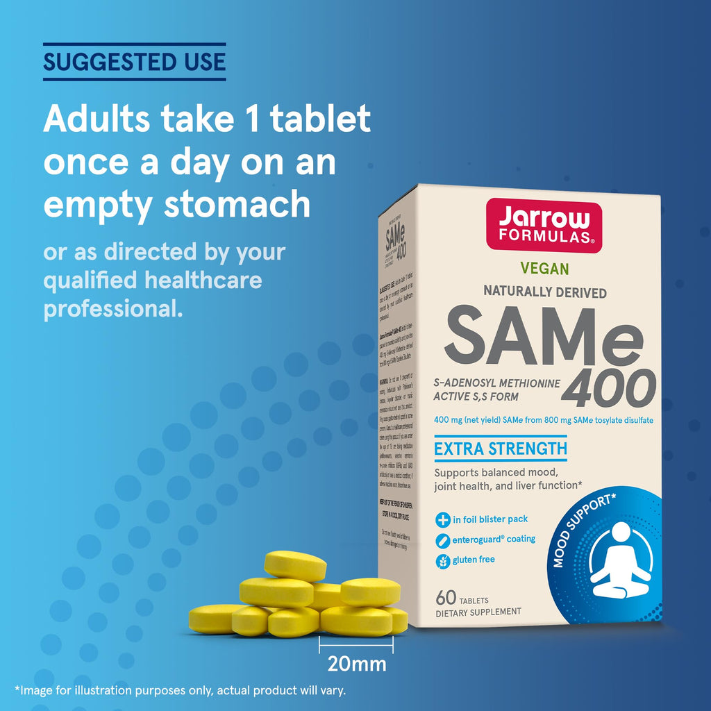 Jarrow Formulas SAMe Supplement 400 mg - 60 Tablets - High Concentration of Active S,S Form - Supports Joint Health, Liver Function, Brain Metabolism, Balanced Mood & Antioxidant Defense - 60 Servings - TrustMedUSA