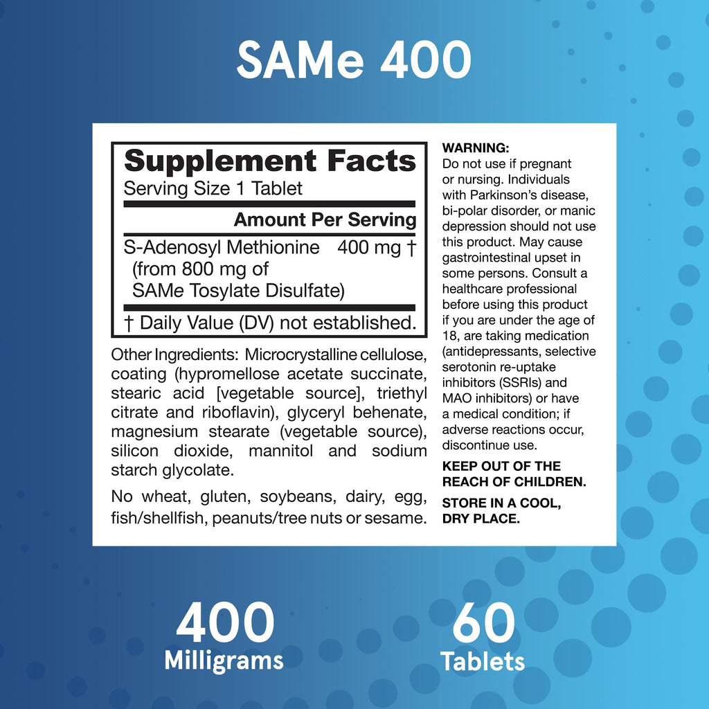 Jarrow Formulas SAMe Supplement 400 mg - 60 Tablets - High Concentration of Active S,S Form - Supports Joint Health, Liver Function, Brain Metabolism, Balanced Mood & Antioxidant Defense - 60 Servings - TrustMedUSA