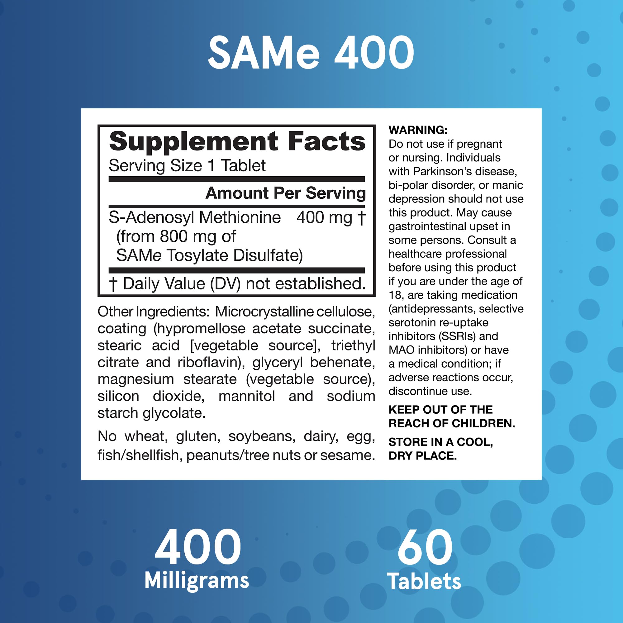 Jarrow Formulas SAMe Supplement 400 mg - 60 Tablets - High Concentration of Active S,S Form - Supports Joint Health, Liver Function, Brain Metabolism, Balanced Mood & Antioxidant Defense - 60 Servings - TrustMedUSA