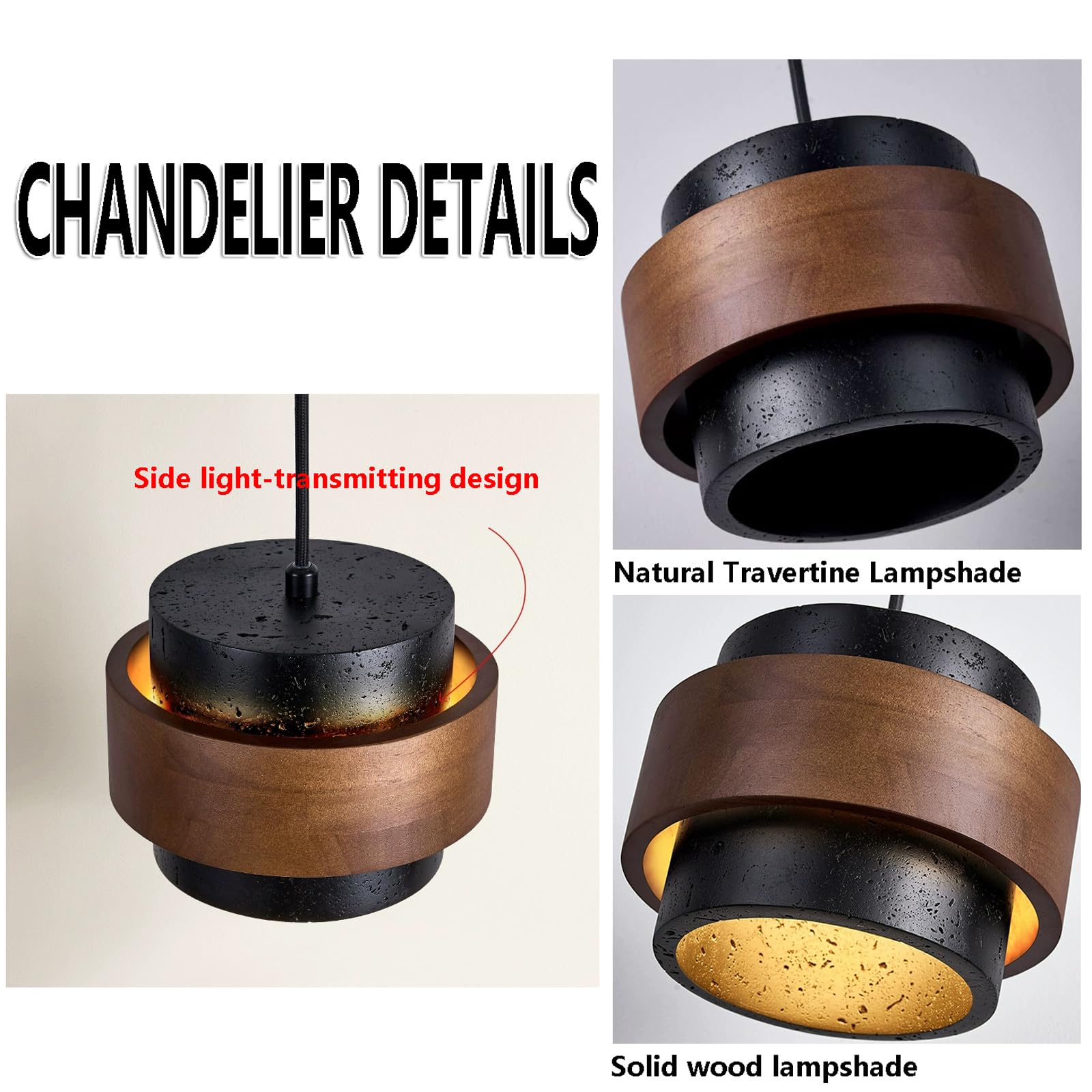 JIANGXMF Nordic Natural Travertine Pendant Light Wabi-sabi Stone Chandelier Retro Industry Hanging Ceiling Lamp for Bedroom Bedside Study Dining Table Lighting (Black) - TrustMedUSA