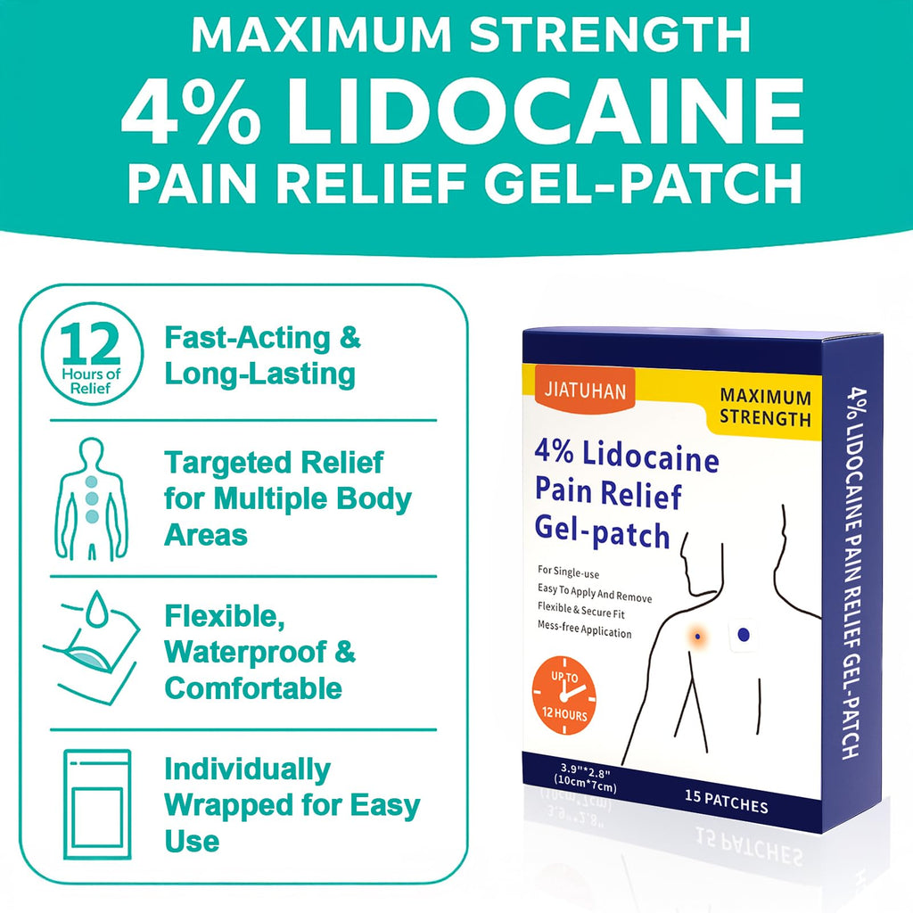 JIATUHAN 4% Lidocaine Pain Relief Patches – Maximum Strength for Back, Neck, Joint & Muscle Pain – Long-Lasting & Flexible – 15 Patches - TrustMedUSA