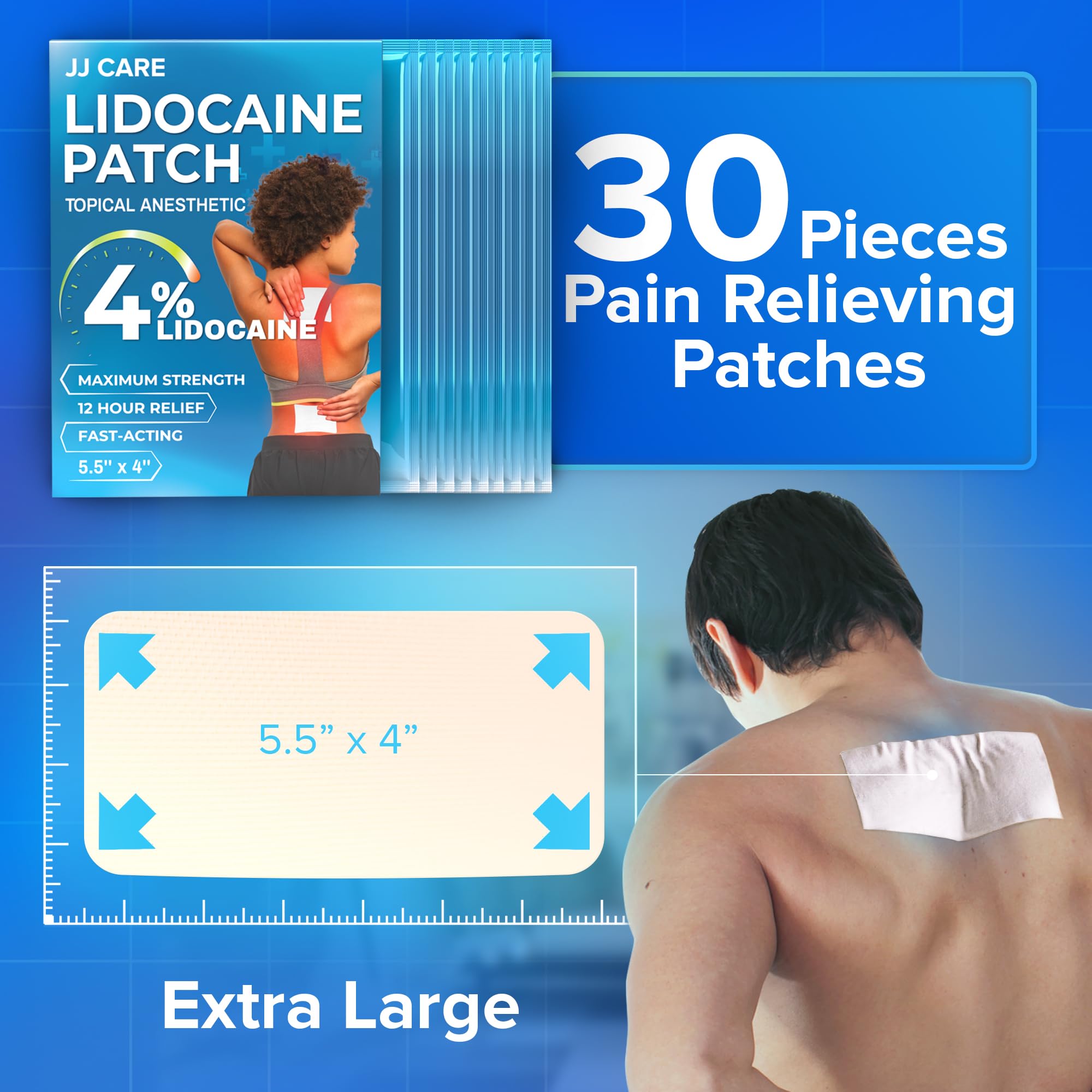 JJ CARE Lidocaine Patches [Pack of 30], 4” x 5.5” Lidocaine 4% Maximum Strength Back Pain Relief Patches for Fast Numbing of Aches, Pains, Back, Neck, Shoulder, Muscle Soreness - TrustMedUSA