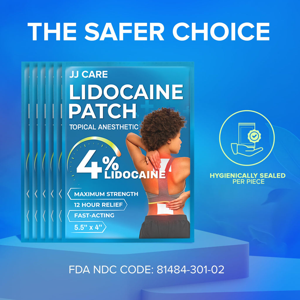 JJ CARE Lidocaine Patches [Pack of 30], 4” x 5.5” Lidocaine 4% Maximum Strength Back Pain Relief Patches for Fast Numbing of Aches, Pains, Back, Neck, Shoulder, Muscle Soreness - TrustMedUSA