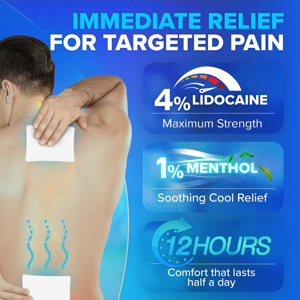 JJ CARE Lidocaine Patches [Pack of 30], 4” x 5.5” Lidocaine 4% Maximum Strength Back Pain Relief Patches for Fast Numbing of Aches, Pains, Back, Neck, Shoulder, Muscle Soreness - TrustMedUSA