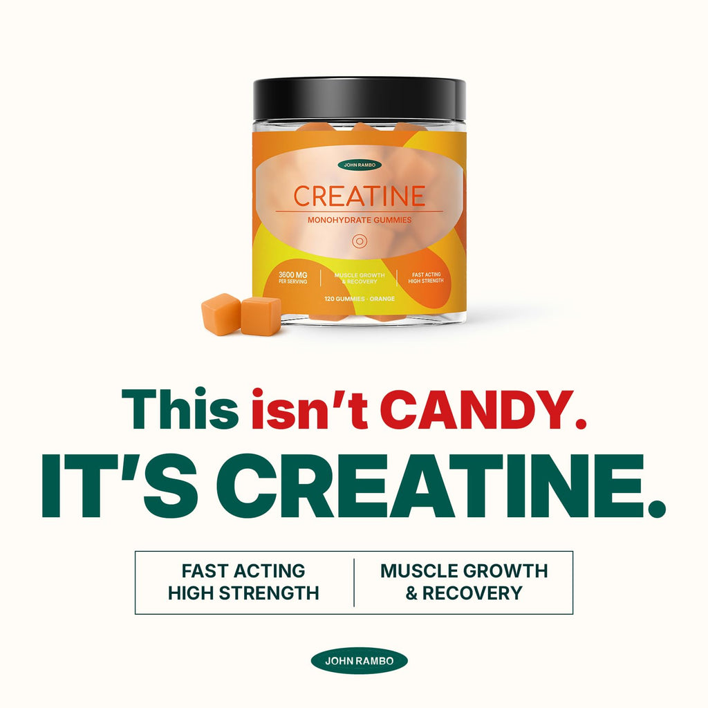 JOHN RAMBO Creatine Monohydrate Gummies – 3600mg Real Creatine Per Serving – Transparent Label, Refreshing Orange Flavor, Lab-Tested Muscle & Strength Supplement - TrustMedUSA