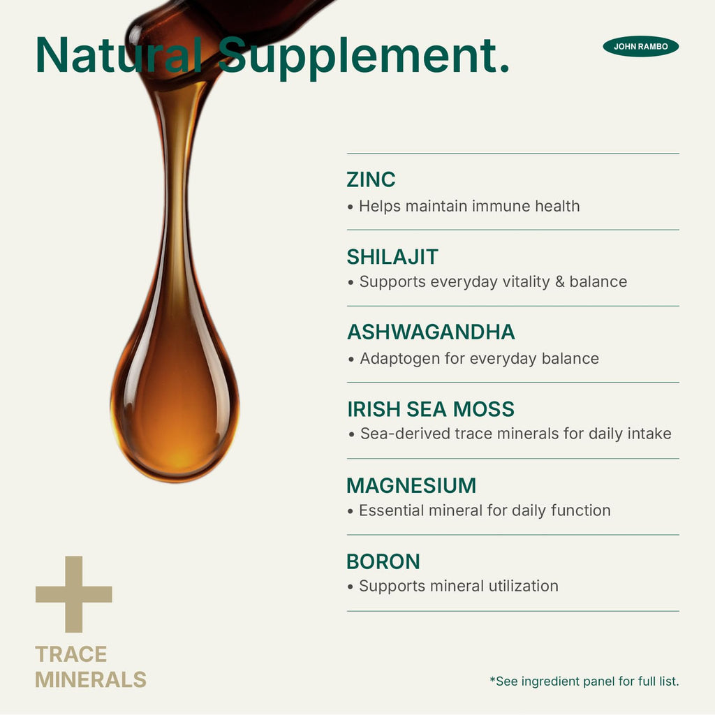 JOHN RAMBO Shilajit Liquid Drops with Sea Moss, Ashwagandha, Zinc, and Magnesium – Liquid Multimineral Supplement for Women and Men – Terra Mineral - TrustMedUSA