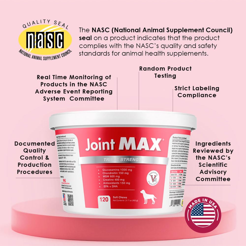 Joint Max TS Joint Supplement Vet Formulated Pain & Inflammation Relief Treats Hip Dysplasia & Arthritis, Glucosamine, Chondroitin, Turmeric, MSM, HA, Creatine, Omega 3 EPA + DHA.120 Soft Chews - TrustMedUSA