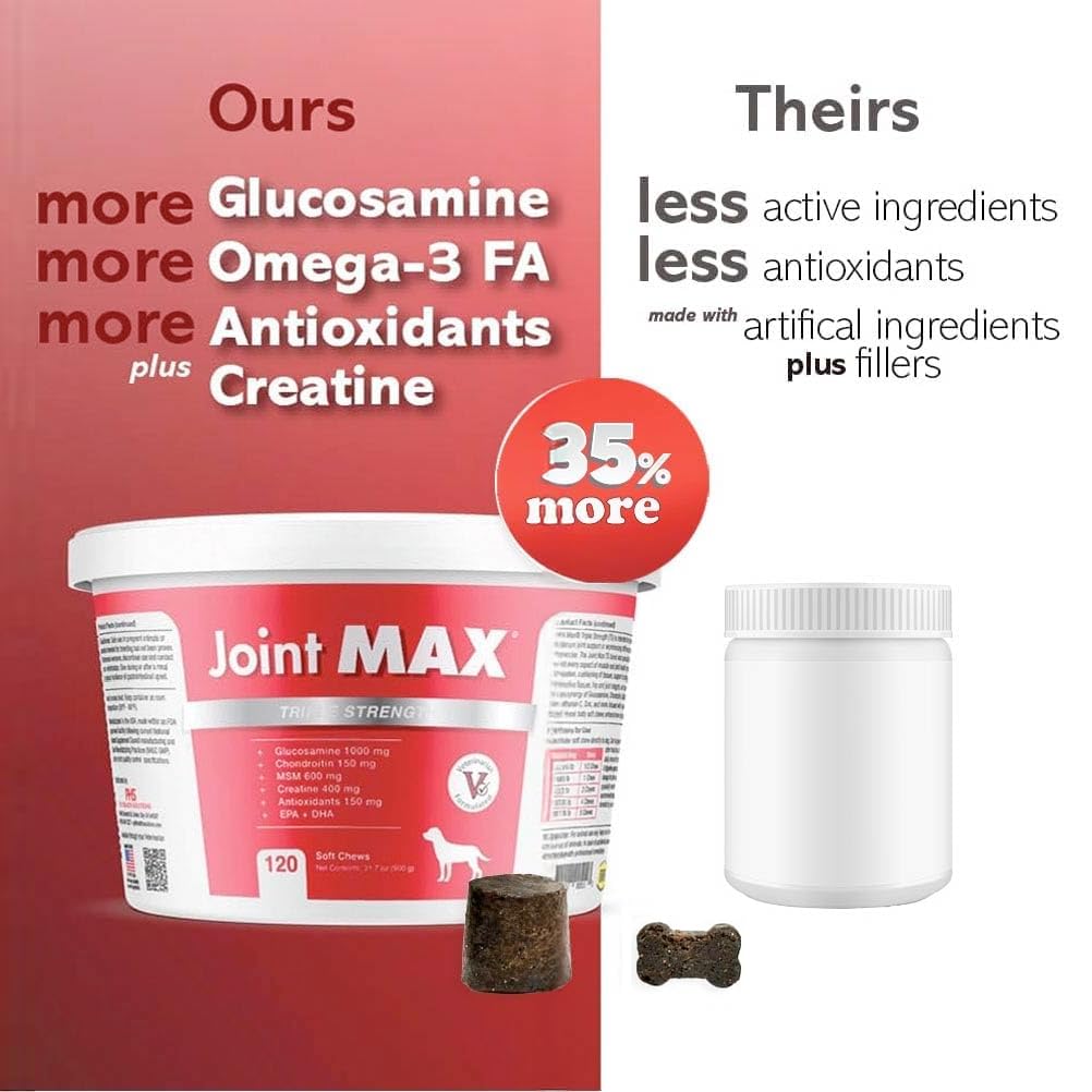 Joint Max TS Joint Supplement Vet Formulated Pain & Inflammation Relief Treats Hip Dysplasia & Arthritis, Glucosamine, Chondroitin, Turmeric, MSM, HA, Creatine, Omega 3 EPA + DHA.120 Soft Chews - TrustMedUSA