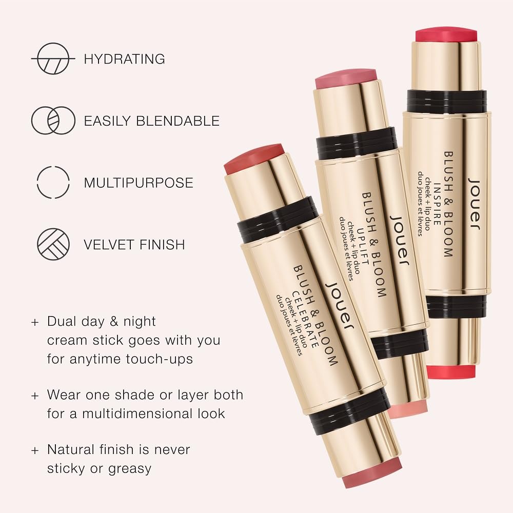 Jouer Blush & Bloom Cheek + Lip Duo - Hydrating Cream Blush Stick for Lip and Cheek Tint - Moisturizing Rose Hip and Squalane Oil Formula, Celebrate - TrustMedUSA